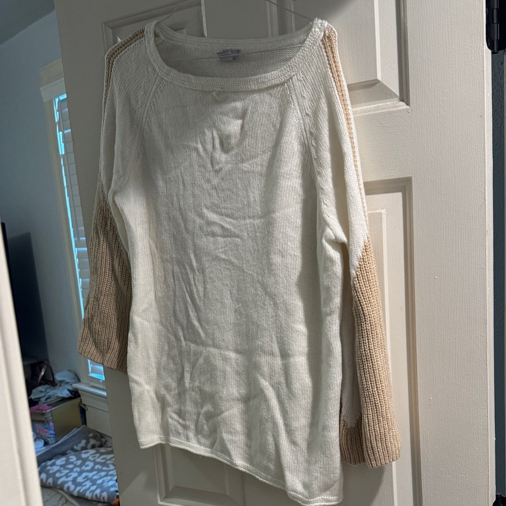 Chico's Cream and Tan Crew Neck Sweater